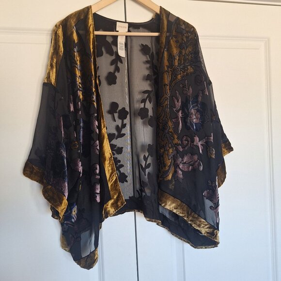 💙 Chico's Burned Velvet Cardigan Kimono Size L/XL Cottage Boho Hippie Artsy - Picture 6 of 10